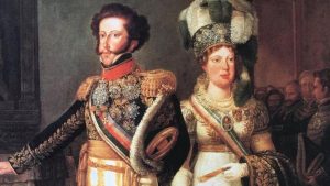 Pintura de Dom Pedro I e Maria Leopoldina, sua primeira esposa.(Foto: Reprodução) 