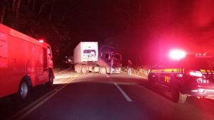 O caminhão interditou a rodovia por pelo menos três horas no acidente de Lontras (Foto: Divulgação / PRF) 